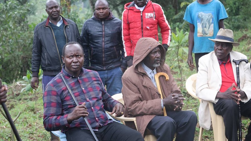 Myoot Kipsigis Council of Elders Chairman Richard Ngeno alongside MCA Paul Chirchir when they visited the site where Emurua Dikirr MP Johana Ngeno died. Ngeno has proposed the protection of the area.